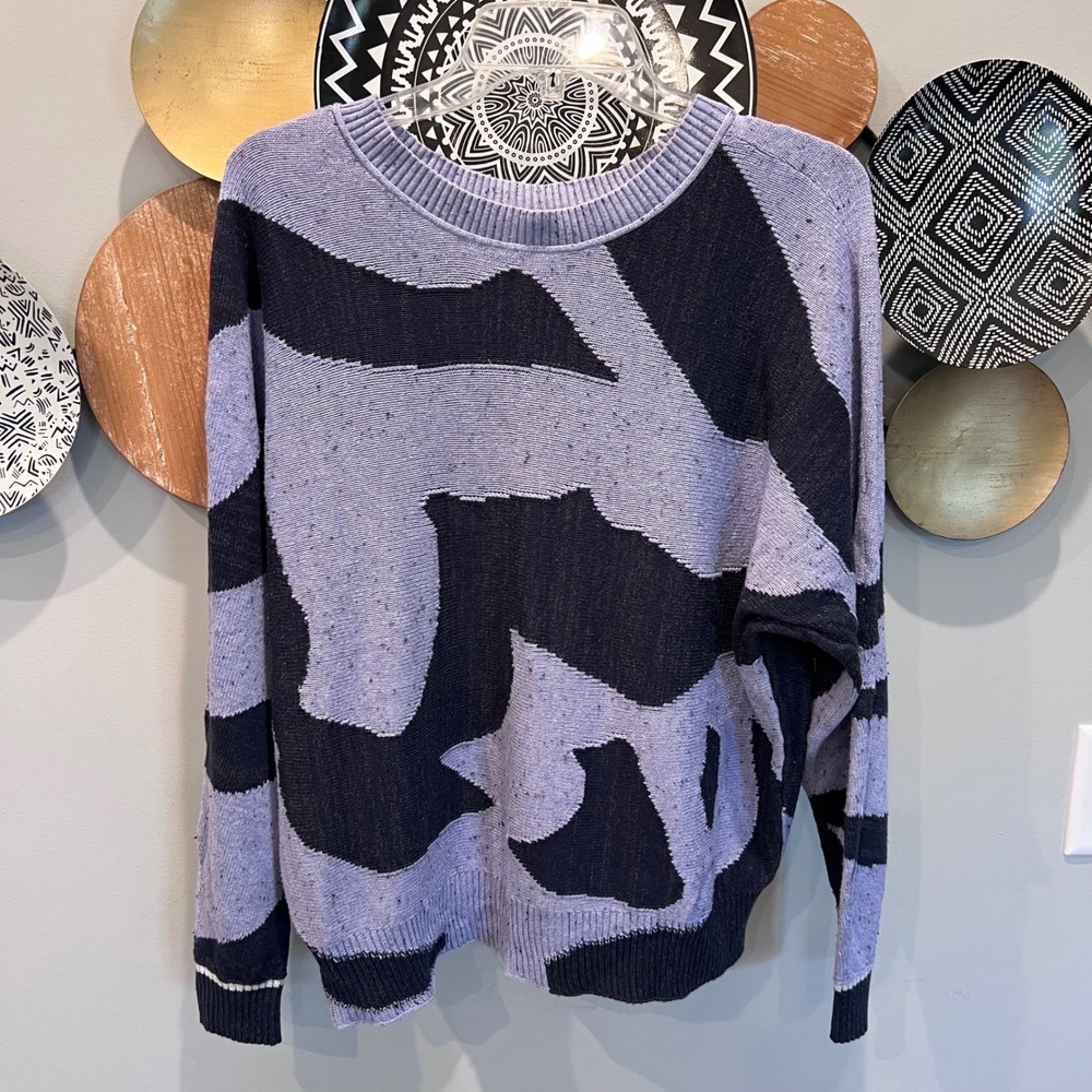 NIC+ZOE Womens Mindfully Made Abstract Intarsia Knit Sweater Blue Black Medium